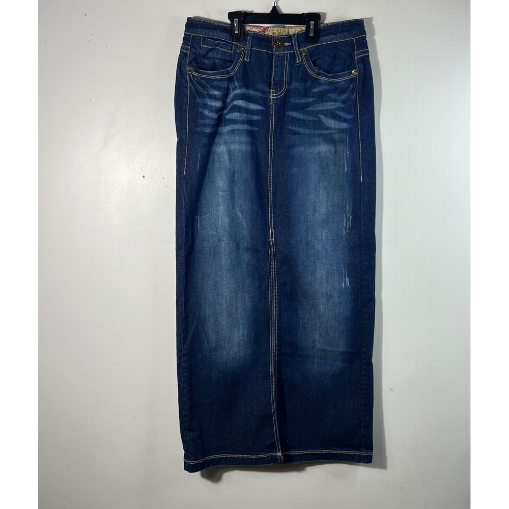 Womens Vintage Jalate Denim Maxi Skirt Front Slit Size 7 Blue Cotton Spandex